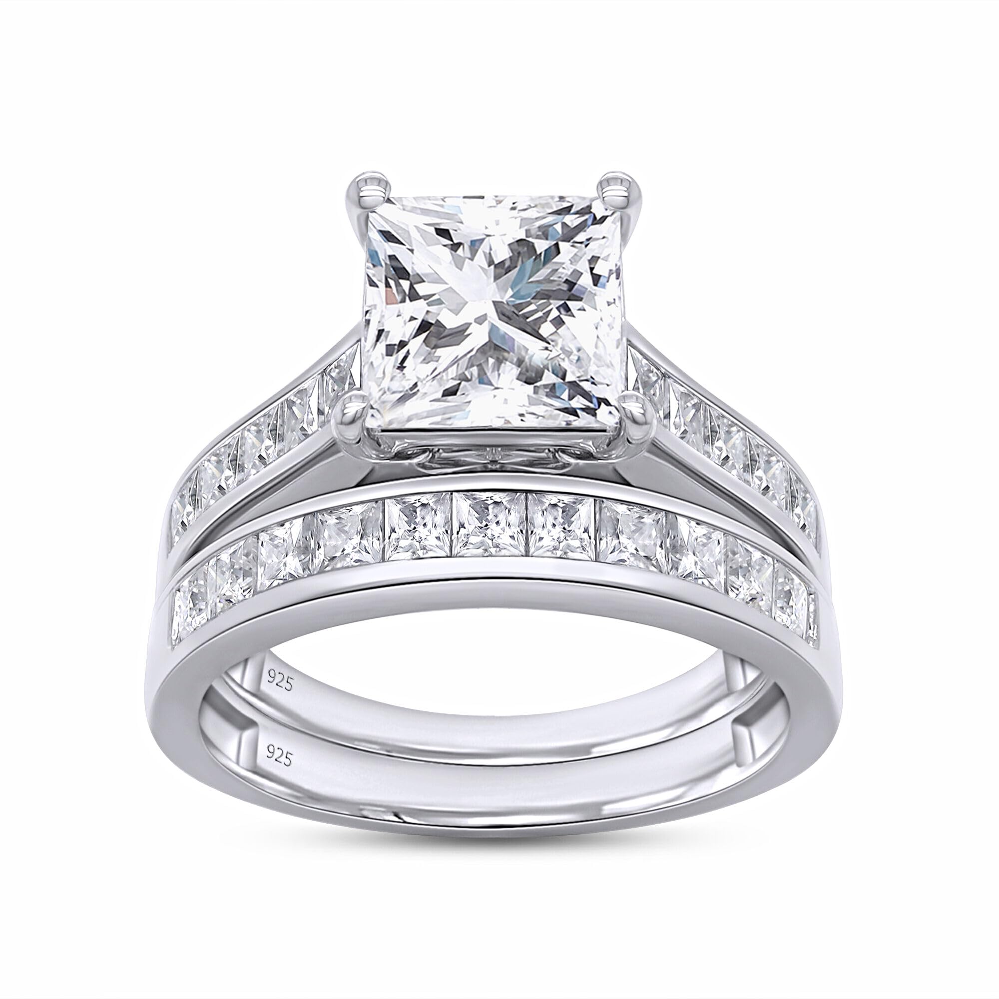 Wishrocks Princess Cut Bridal Set Ring, 7MM Center, Lab Created Moissanite, 3 Cttw or 4 Cttw, 925 Sterling Silver, 10K & 14K Gold, Engagement &