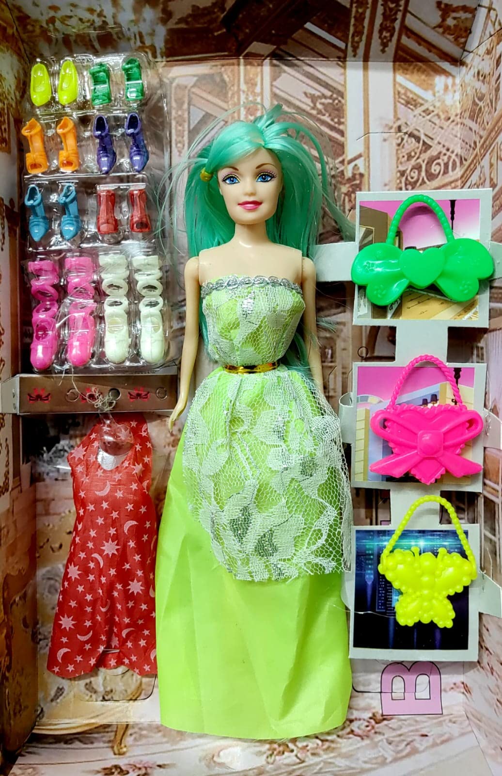 CREATURE Pretty Doll for Girls | Cute Foldable Doll | Beautiful Doll Cute Doll Set for Girls Kids | Doll with Shoes & Fashion Accessories Kit Play Set (CRE-DOLL-05-NEON) (NEON)