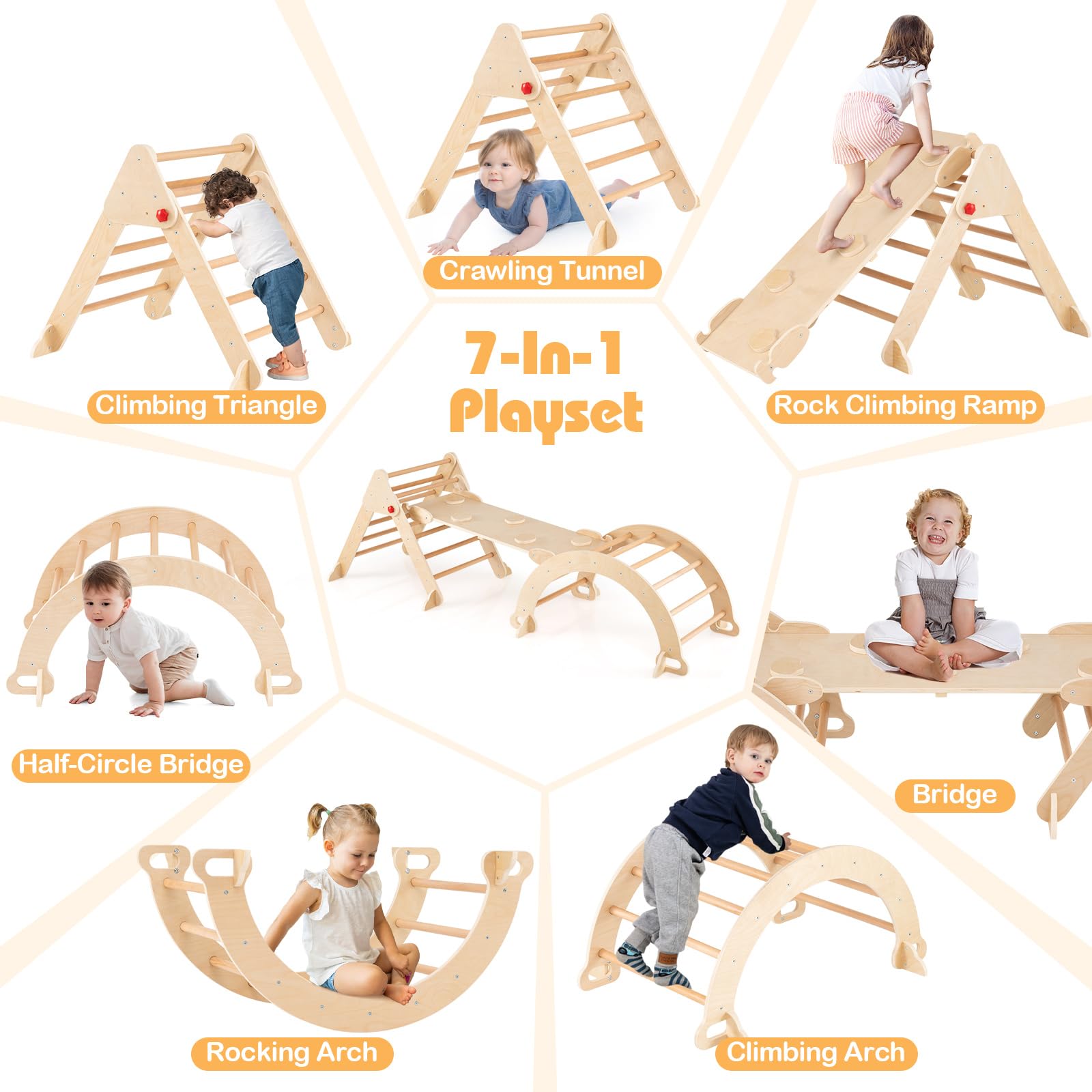 FANTASK Triangolo da arrampicata 4 in 1 con scivolo, arco da arrampicata, rampa a doppia faccia, struttura in legno per arrampicata, scivolo e altalena, montessori triangolo per i 3 anni (naturale)