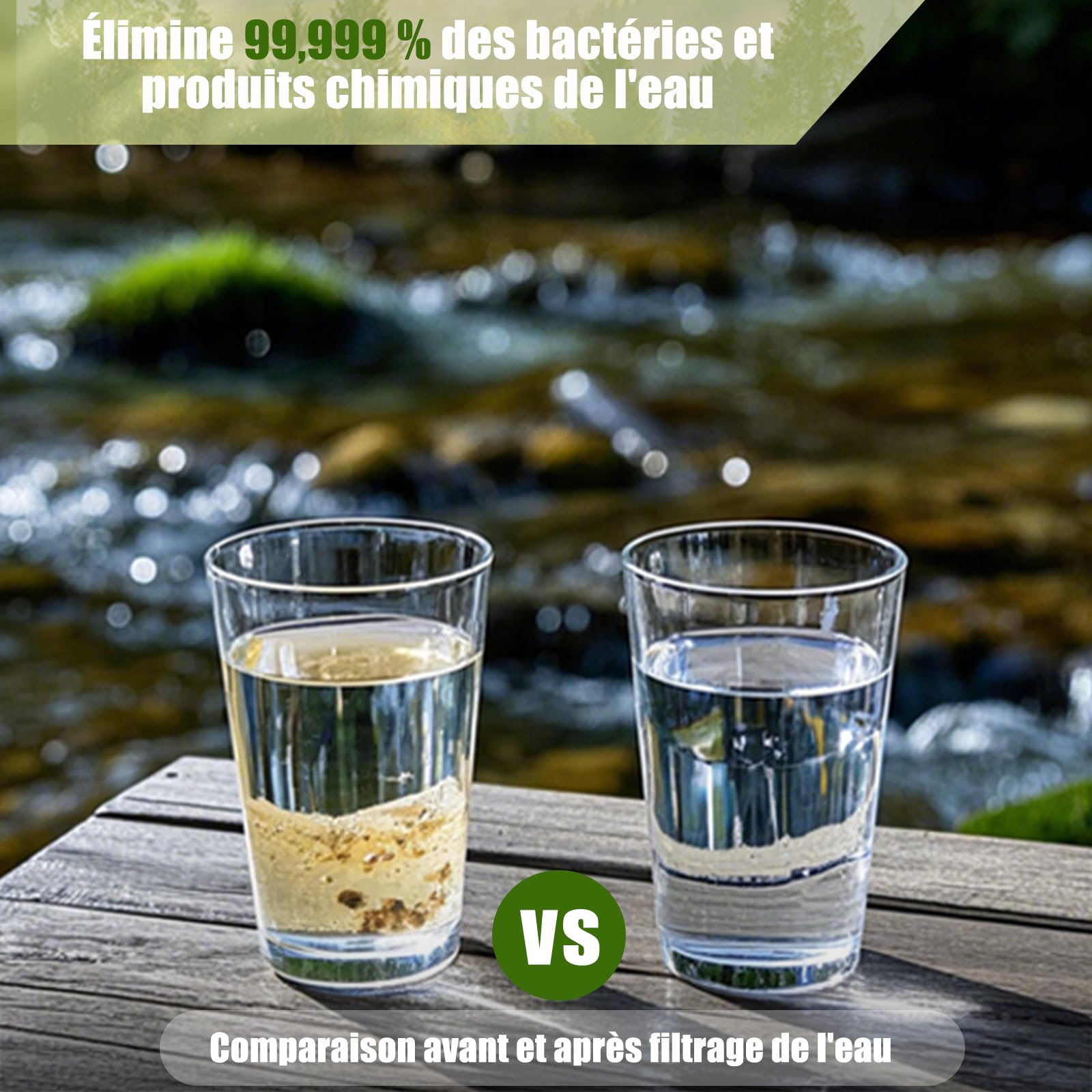 Gourde filtrante eau non potable [780 ml] gourde filtrante,avec une capacité de filtration de 10000 L I élimine 99,99% des bactéries, virus, particules et métaux lourds Voyage Randonnée [Vert]