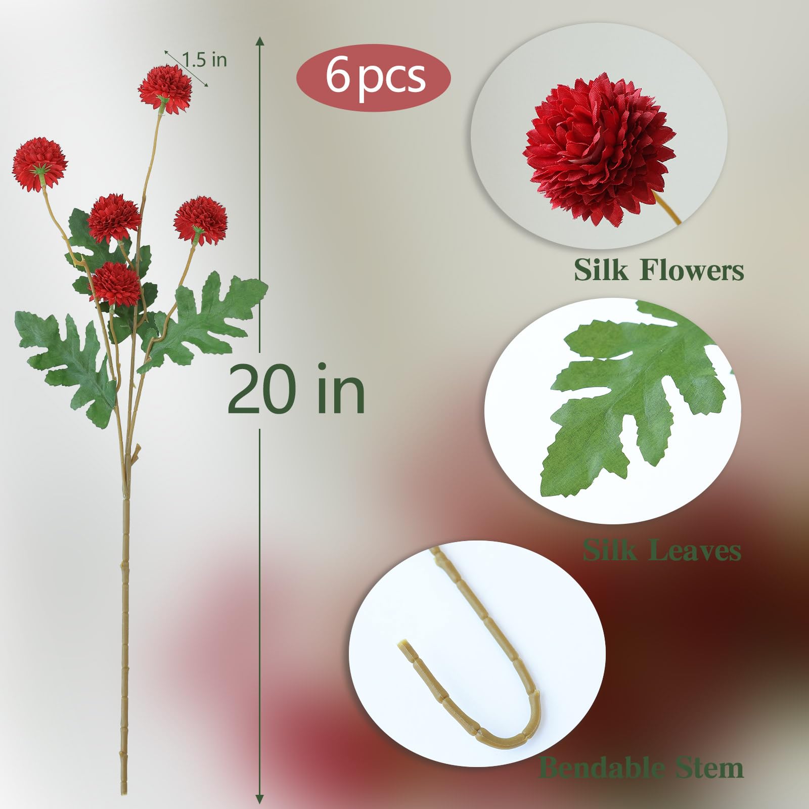 6er-Pack kleine künstliche Chrysanthemen mit Stielen, Seidenblumen-Deko