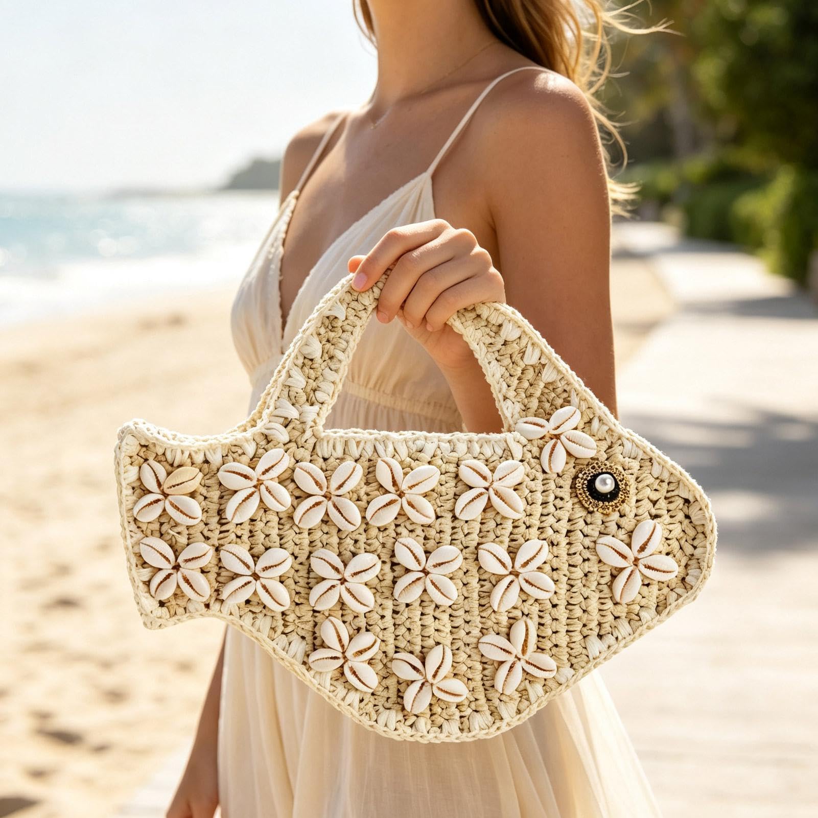 Generico Clutch Pesce Borsa Decorativa A Forma Di In Paglia E Conchiglie | Pochette Intrecciata Estiva Da Spiaggia Per Donne Ragazze Picnic All'Aperto Vacanza Al Mare