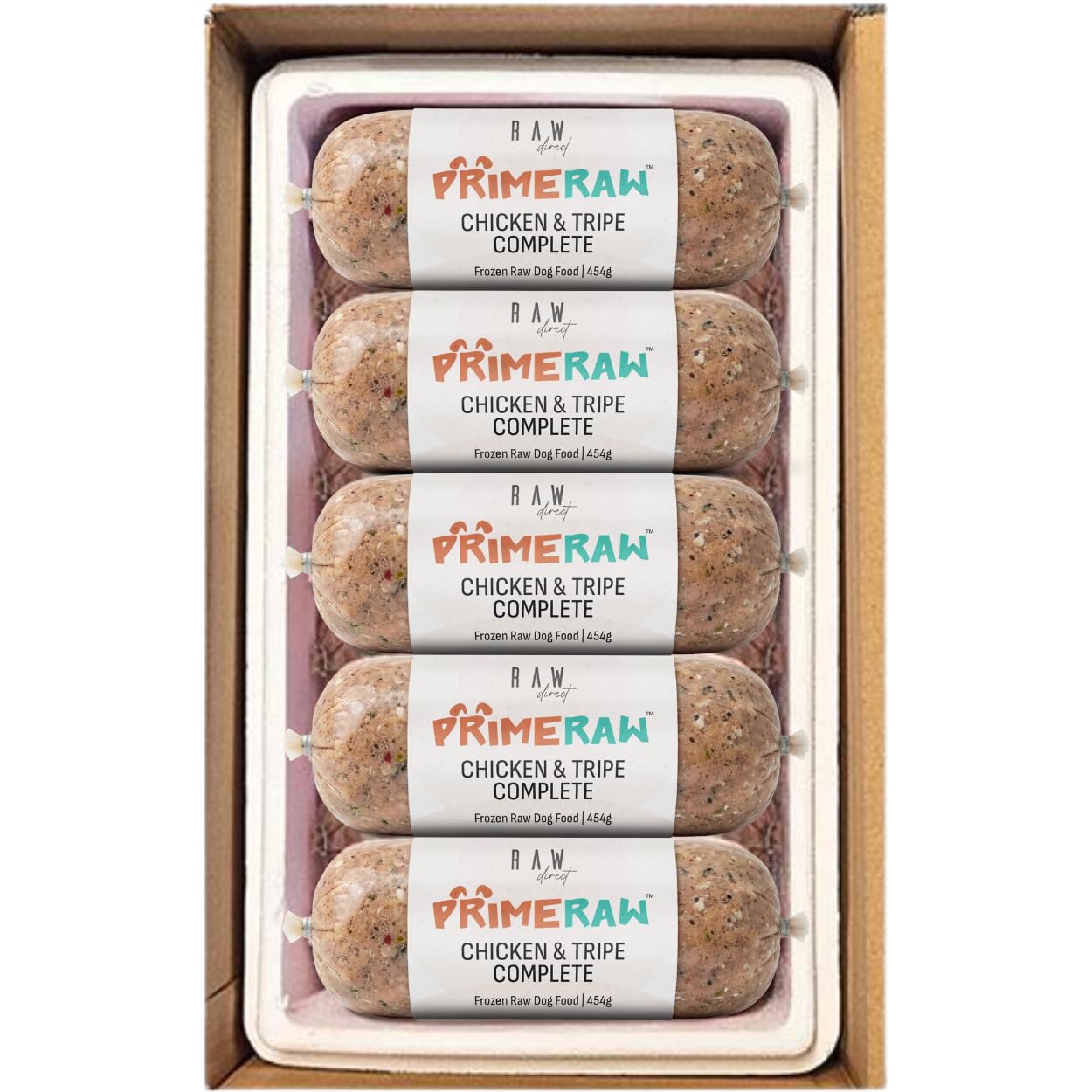 RAW DIRECT Prime Raw Frozen BARF Dog Food – 454g Rolls | 20 or 30 Rolls Pack | Premium Natural Barf Diet | High-Protein, Grain-Free & Nutrient-Rich (10, Chicken & Tripe)