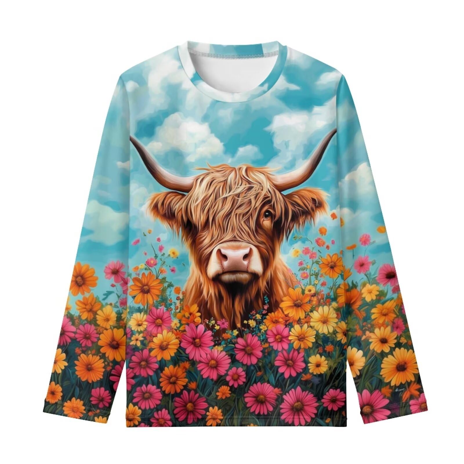 WELLFLYHOM Highland Cow Shirt 15-16 Toddler Girls Long Sleeve T-Shirt Graphic Top Active Round Neck Pullover Tee Tops Workout Sport Tennis Shirts Casual Soft Fall Outfits