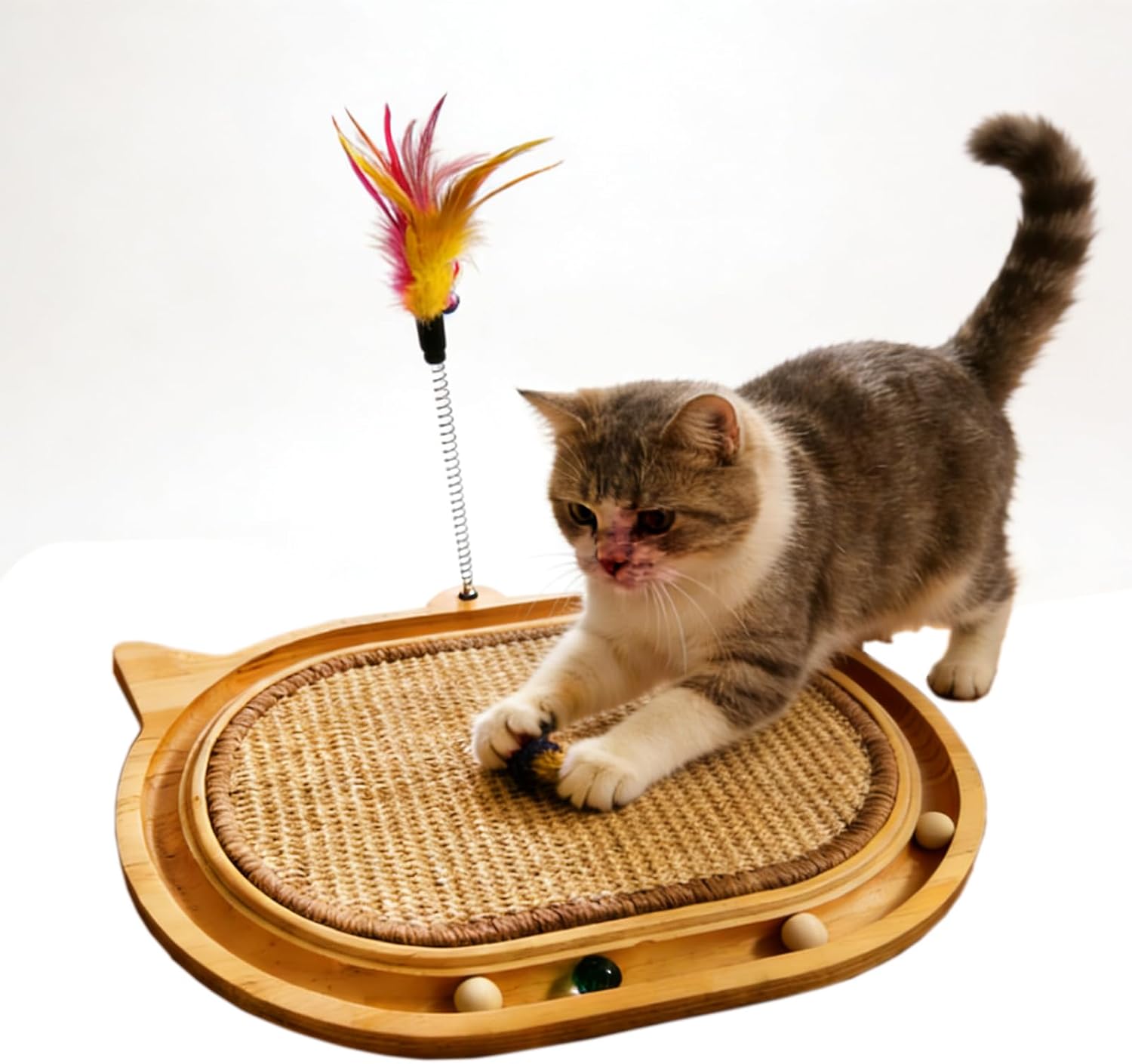 Sisal Cat Scratcher Toy with Ball Track Feather and Ball, Wooden Interactive Toy for Indoor Cats, Scratch Pad,Kitten Toys for Chasing Hunting Physical Exercise(12.9 * 17.4in