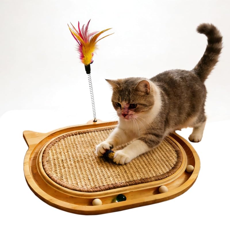 Arranhador para Gatos de Madeira com Sisal, Pista de Bolinhas e Pena Sxtglxr
