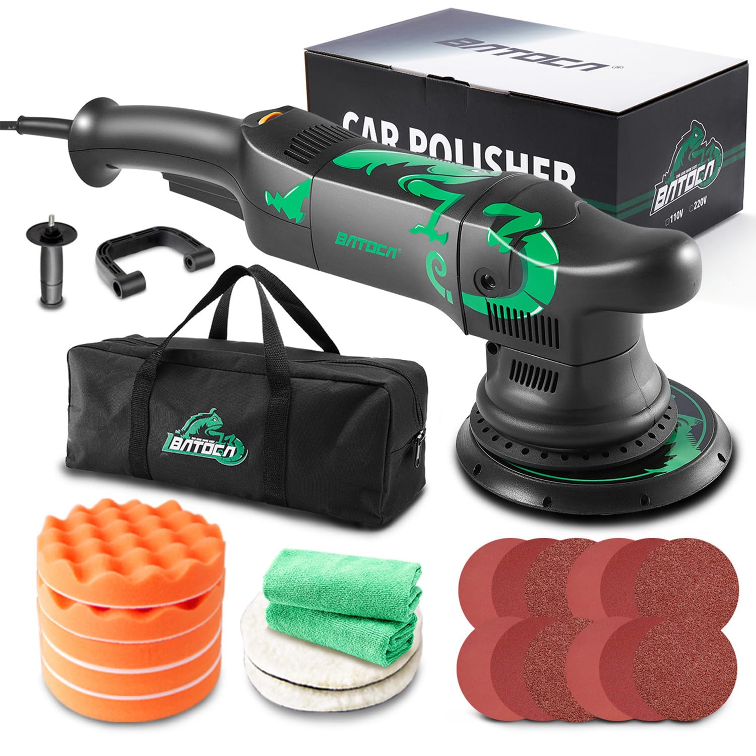 BATOCA 700W Pulidora Coche,Máquinas Pulidoras Excéntrica,21mm Pulidora Orbital,Pulidora Suelos,6 Velocidades,Abundantes Accesorios,Pulir y Encerar Muebles(1000-3800rpm,150mm Esponja Disco)