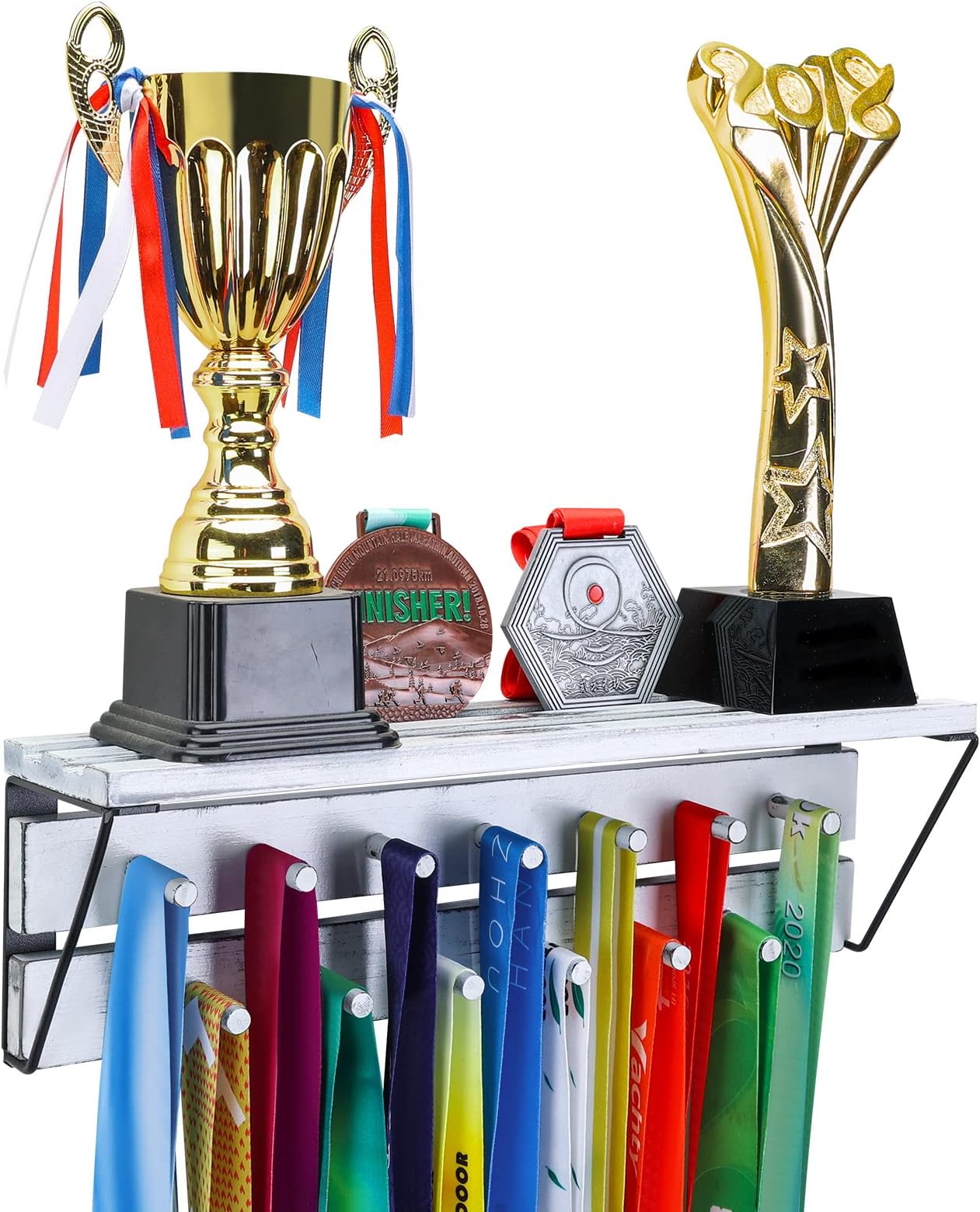 Rustic Wood Medal & Trophy Wall Mount Display Rack - Shelf, Holder and Hanger