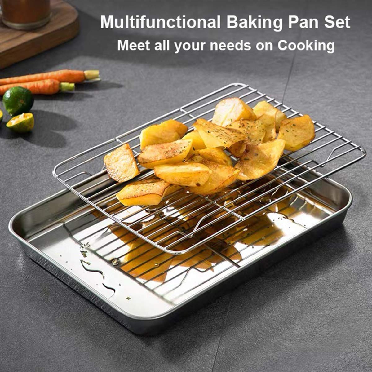 Wildone Juego de bandejas de horno y estantes (2 bandejas + 2 estantes), bandeja de horno de acero inoxidable con rejilla de refrigeración, no tóxica, resistente y fácil de limpiar