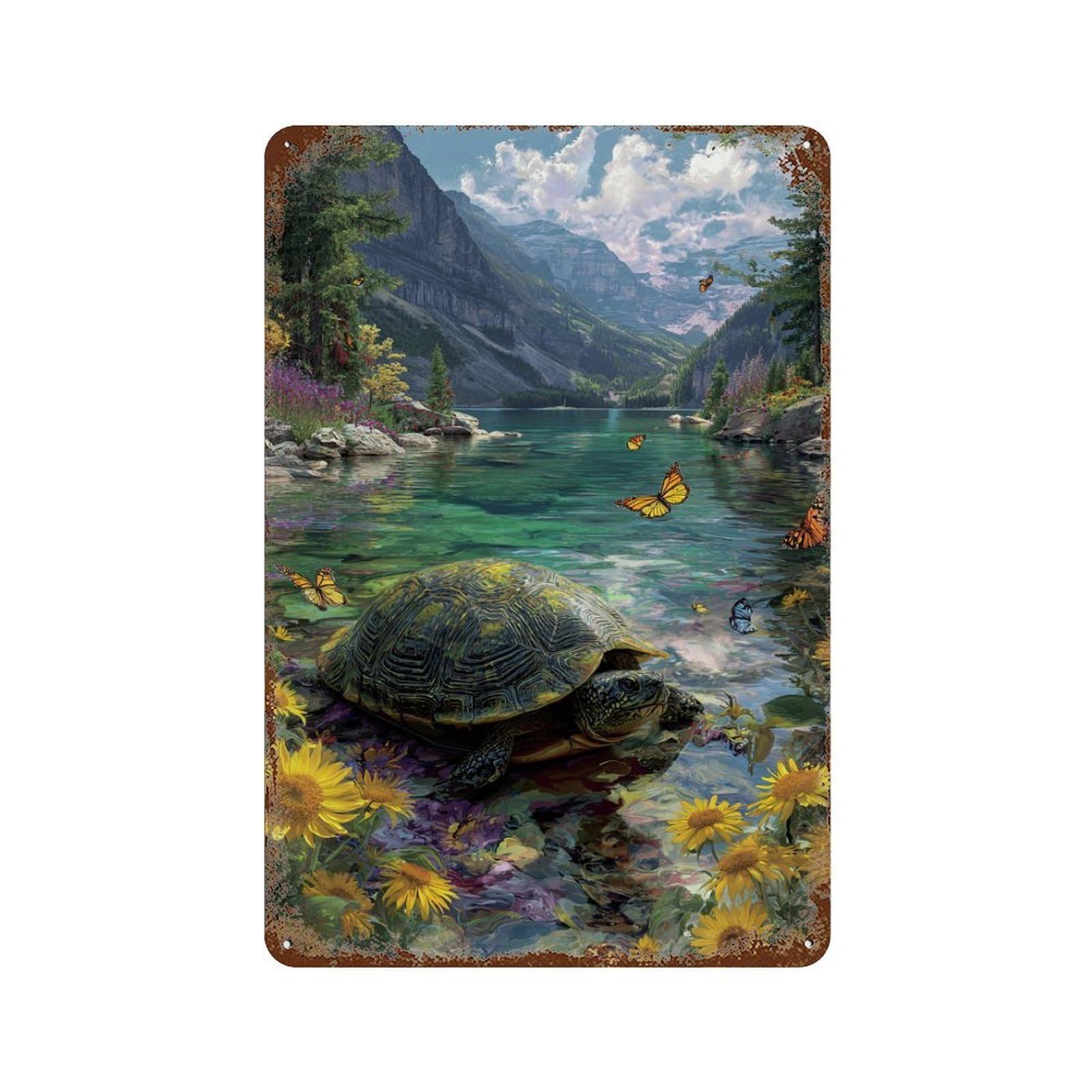 Turtle by The Lake with Butterflies Vintage Metal Tin Sign 11.8"x7.9", Decorative Metal Wall Art for Garage, Pub Or Kitchen