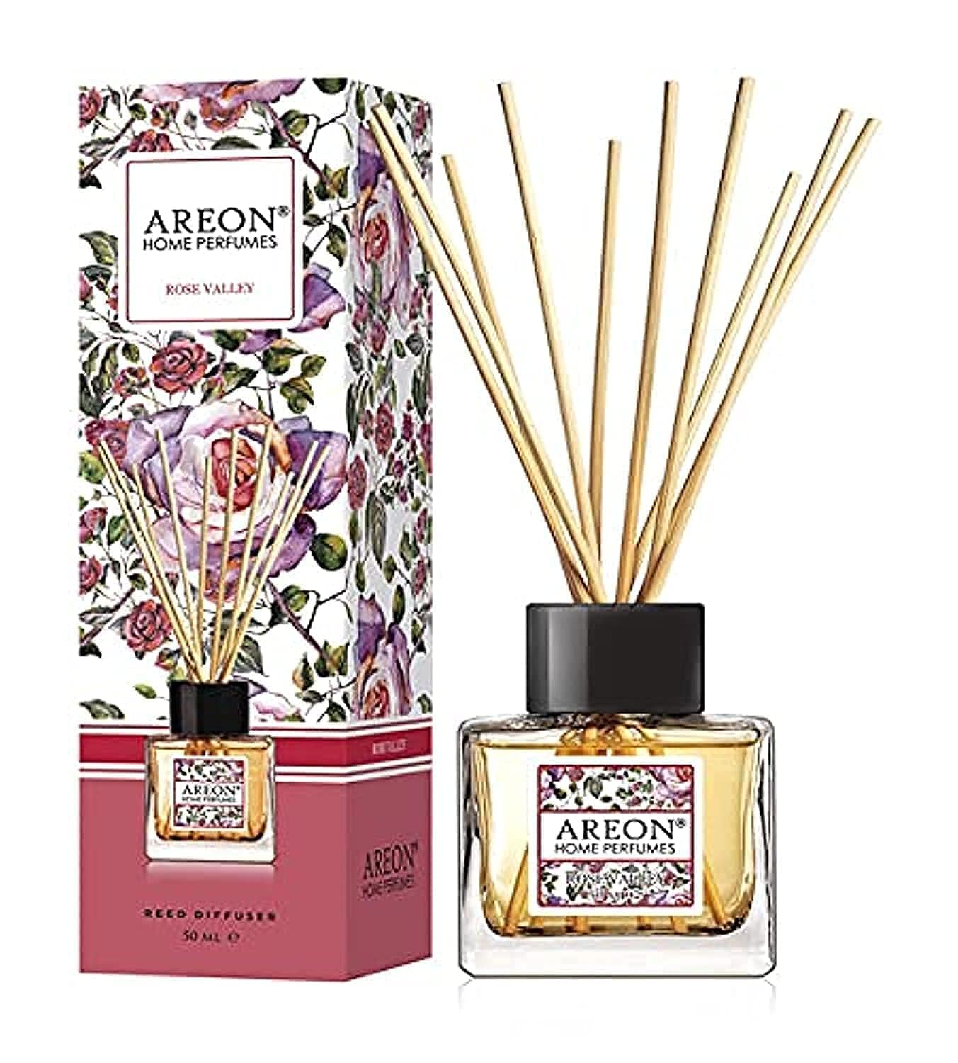 Areon Home Luxury Perfume Reed Diffuser + 10 Rattan Reeds, Rose Valley 50 ml