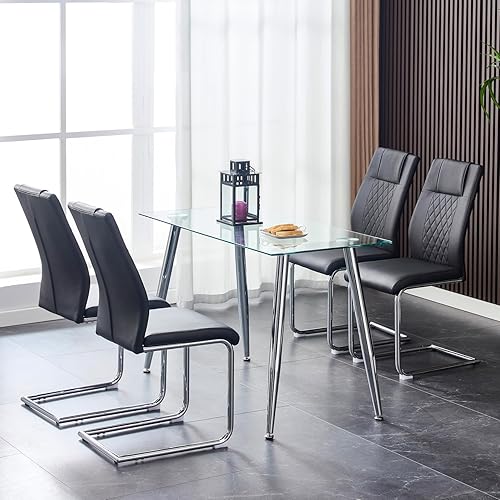 Miniatura 3 de Juego de 4 sillas de comedor, modernas sillas de comedor con asiento acolchado de piel sintética tapizada con respaldo alto y patas de metal para