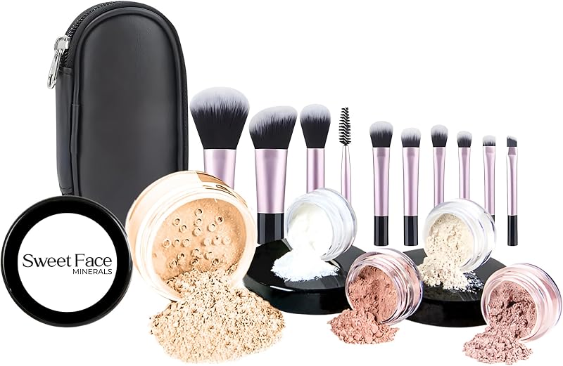 KIT DE INICIO de maquillaje mineral para principiantes de 16 piezas con juego de 10 brochas (5 g) Base de tamaño de muestra, imprimación, rubor, bronceador, polvo fijador para aprendizaje, uso ocasional y usuarios primerizos, kit de tamaño de viaje (Feria 1)