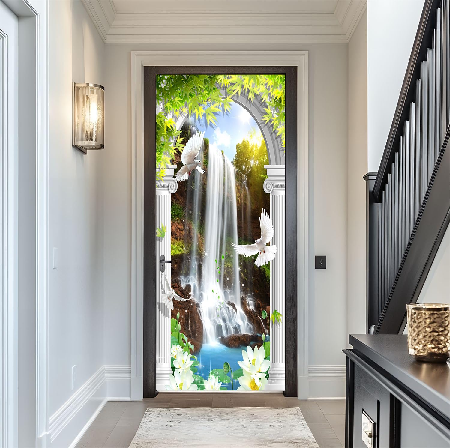 FLFK Peel and Stick Door Sticker 77x200cm-3D European Arch Waterfall Self-Adhesive Door Mural Poster Photo Wallpaper for Bedroom Office Decor(2Pcs/Set)