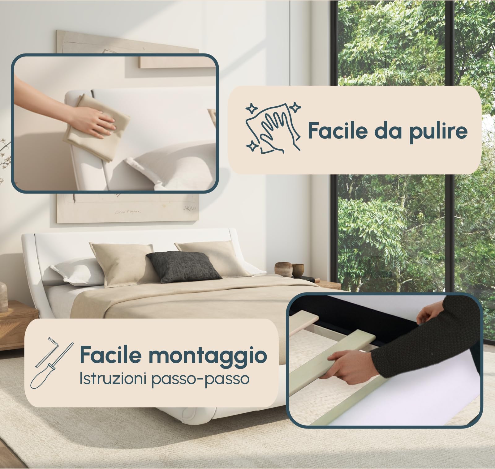 MB Muebles Bonitos, Letto Matrimoniale Alessia, Legno e Ecoleather, Bianco, Per Materasso 120x190 cm