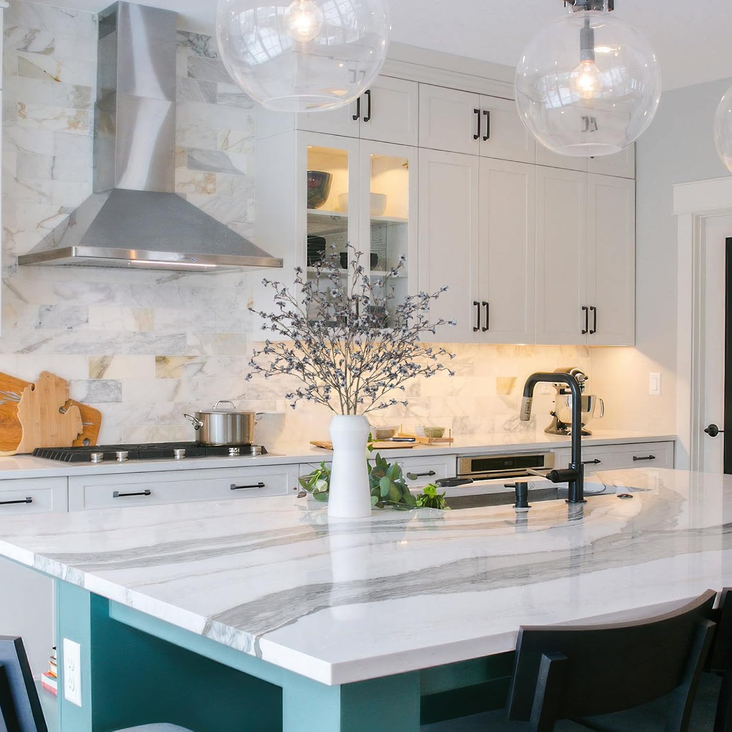 3 Pcs Cherry Blossom Branches Artificial Flowers for Spring Summer Indoor Decoration Faux Cherry Blossom Long Stems Dusty Blue Silk Fake Flowers for Tall Vase Arrangements Home Wedding Table - Image 6