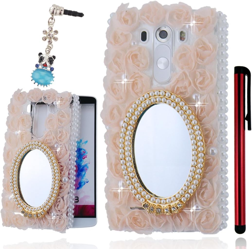 Ancerson Elegant Pink Cloth Lace Rose Flower 3D Handmade Luxury Bling Shining Glitter Sparkly Crystal Diamond Rhinestones Hard Back Case Cover for LG G3 D855 Free with a Red Stylus Touchscreen Pen, a 3.5mm Universal Crystal Diamond Rhinestones Bling Lovely Silvery Flower Blue Panda Pendant Dust Plug and a Cleaning Cloth(Transparent Clear Case) (Golden White Pearls Princess Makeup Mirror)