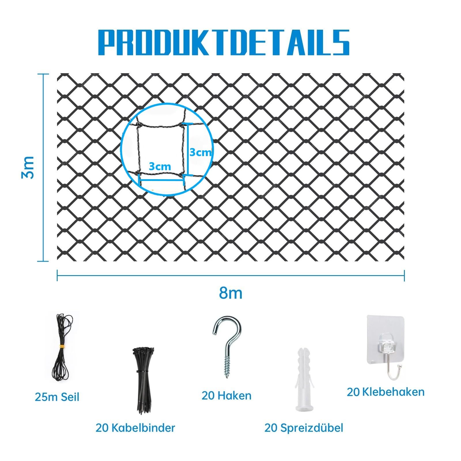 Katzennetz Für Balkon 8x3m | Drahtverstärkt mit HDPE + Stahlseil | UV-beständig & Wetterfest | Katzenschutznetz mit Bohr- und Klebemontage für Fenster, Terrasse, Tür | Schwarz