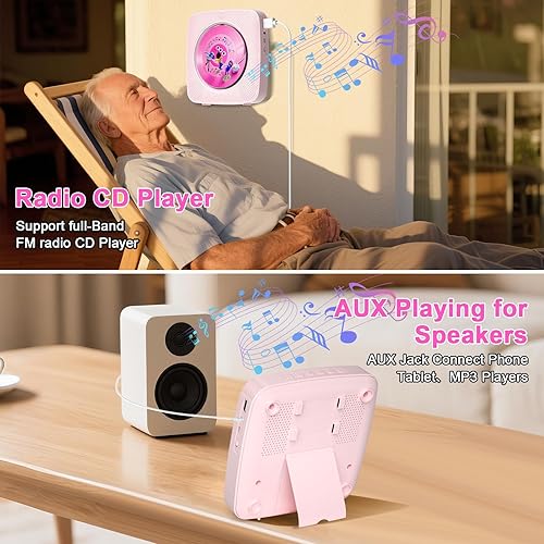 Miniatura 6 de Gueray Reproductor de CD portátil Bluetooth Reproductores de CD para el hogar Recargable de pared de escritorio Reproductor de CD portátil con