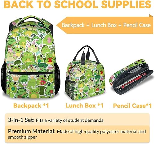 Vista 3 de COOPASIA Mochila de rana con lonchera y estuche para lápices, mochila con temática de rana de 16 pulgadas con correas ajustables, duradera, ligera