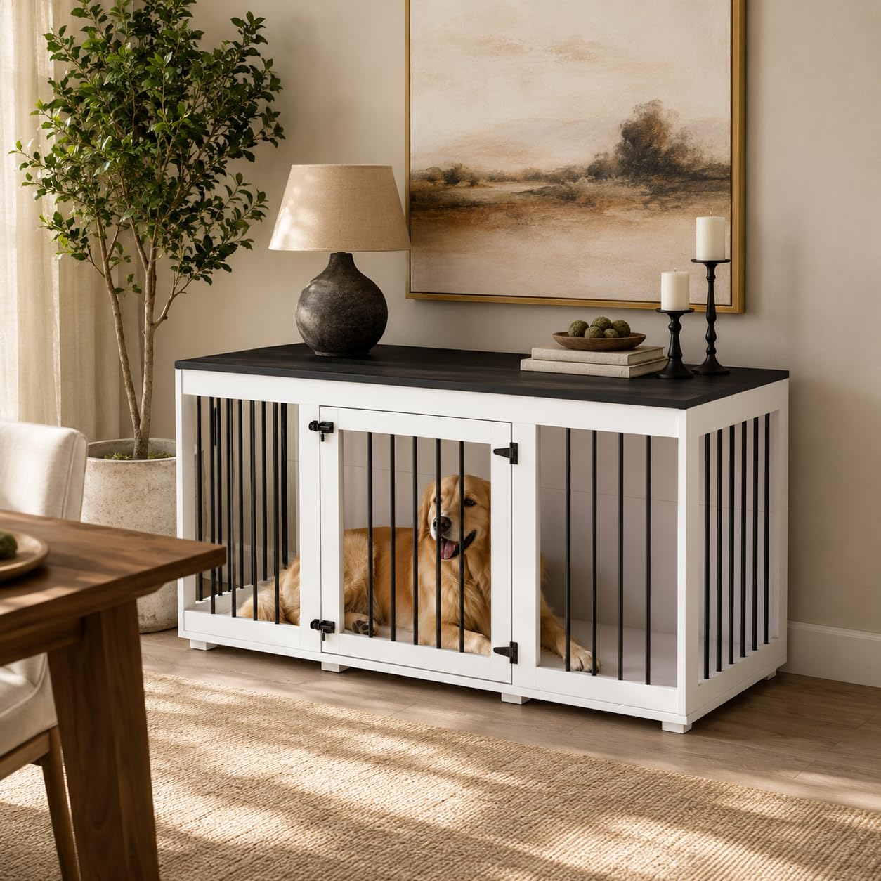 Hundekäfig, Hundekäfig, Möbel, Hundehütte für Zuhause, Hundehaus für drinnen, Hundebox mit Tür Hundekissen, für große mittelgroße kleine Hunde, MDF + Eisen, 136 x 70 x 56 cm, weiß