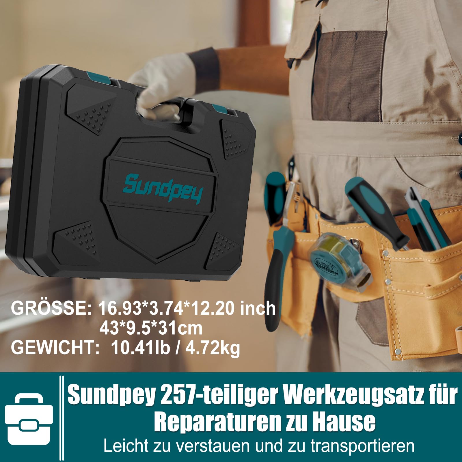 Sundpey 257 tlg Werkzeugkoffer Gefüllt - Universelles Handwerkzeug-Set mit Ratschen & Steckschlüssel, Tragbarer Kompletter Werkzeugkasten in Blau