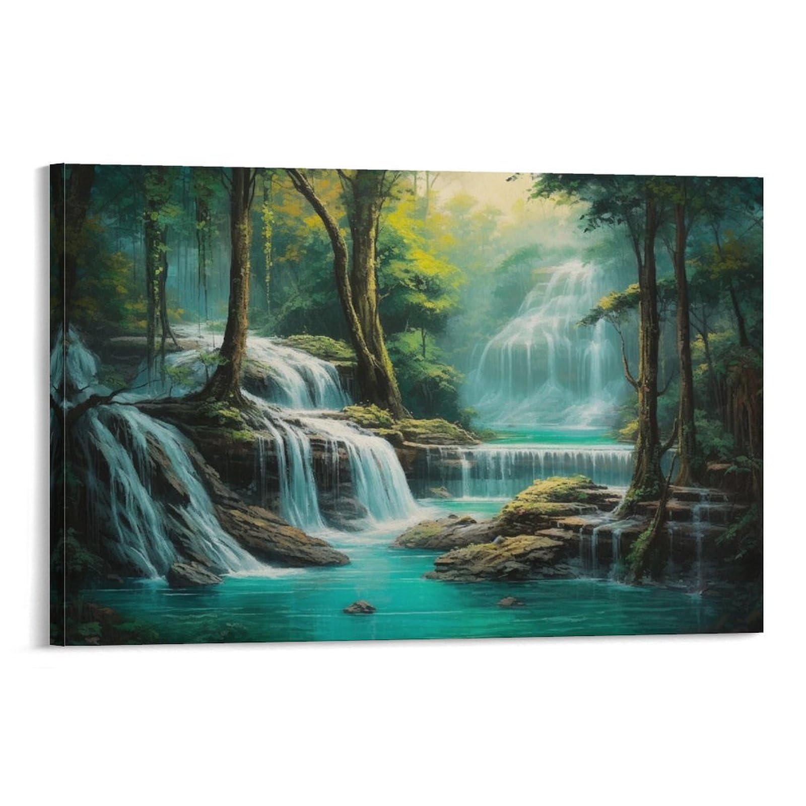 FOCCAR Green Forest Waterfall Printed Canvas Posters Nature Beautiful Scenery Wall Decor for Living Rooms Bedroom Wall Art