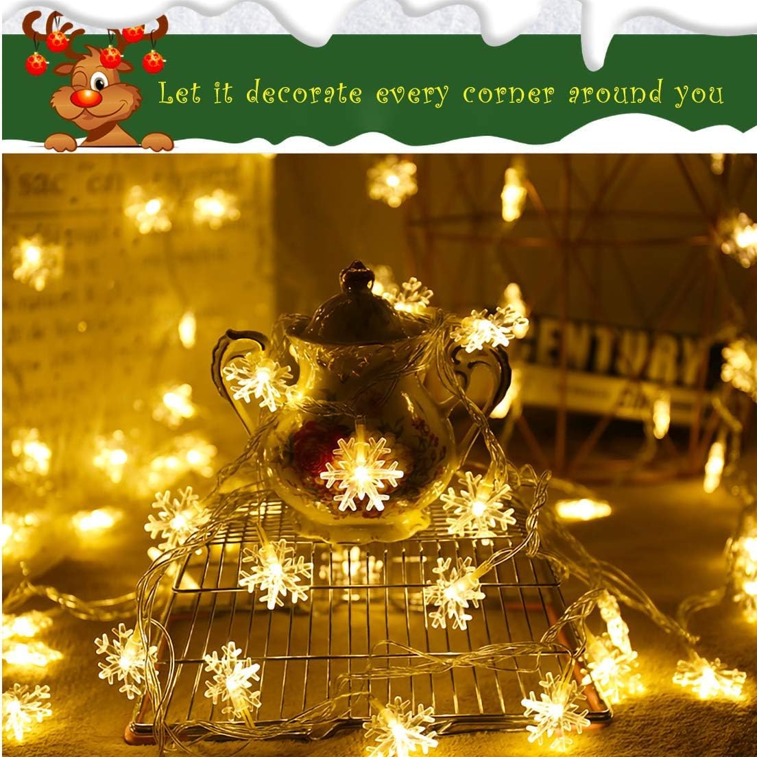 Coverzone 5 metre Led Işıklı 28'li Kar Tanesi Işık Zinciri Dekoratif Pilli Aydınlatma Ev Dekorasyonu Süsleme Salon Oda Merdiven Balkon Süslemeleri için Yılbaşı Eğlence Doğum Günlerine Özel Aydınlatma
