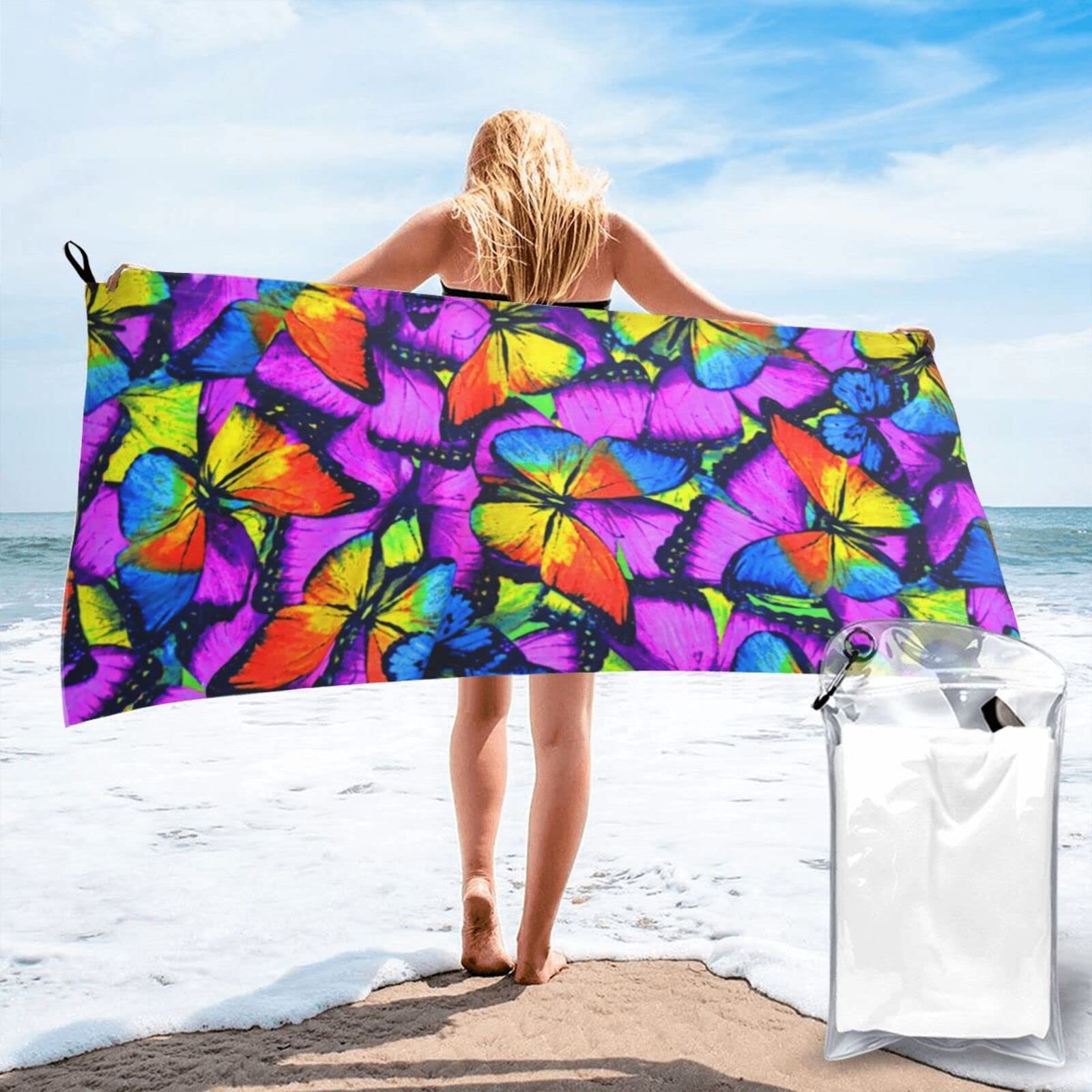 Lawenp Colorfully Butterfly Microfiber Beach Towel Adults Large Quick Drying Bath Towel Travel Towels with Pouch 31.5"x63"
