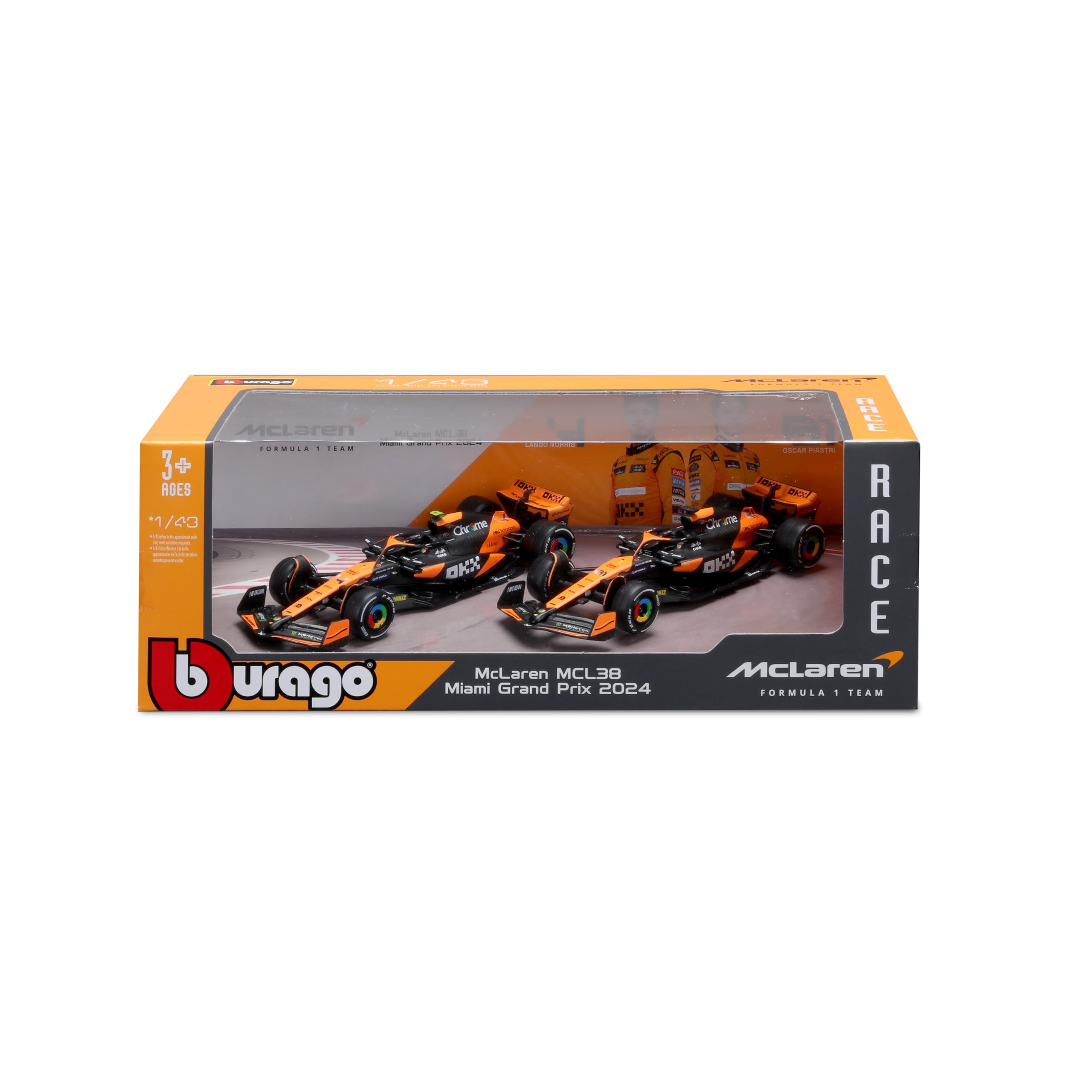 Bburago Formula 1 McLaren MCL38 - Set da 2 pezzi (2024): modellino auto in scala 1:43, Window Box, 25,4 cm, nero/arancione (18-38202)