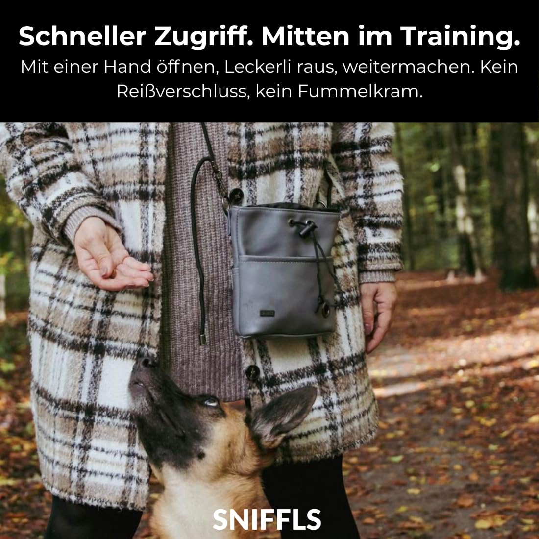 Leckerlibeutel für Hunde - Futterbeutel Hundetraining, Grau | Einhand-Kordelzug, Bruchsicherer Metall-Clip, Wasserabweisend, Mit Handy- und Kotbeutelfach, Recyceltes Material