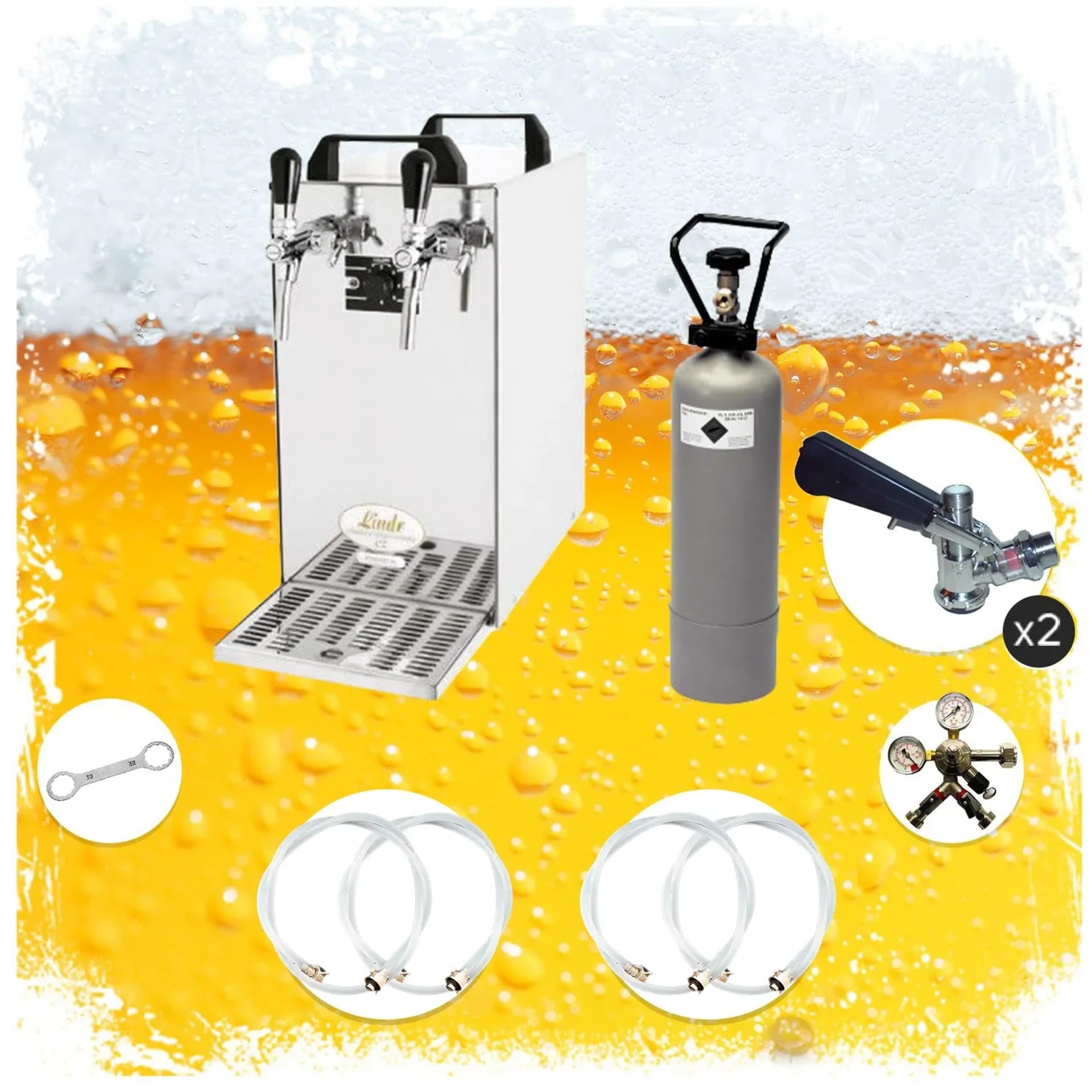 Set Completo impianto di spillatura Birra - raffreddatore a Secco Contact 40 a Due Linee 50 l/h - Green Line - con 2 Teste di spillatura Cestello e Adattatore NC - Tipo S Keg