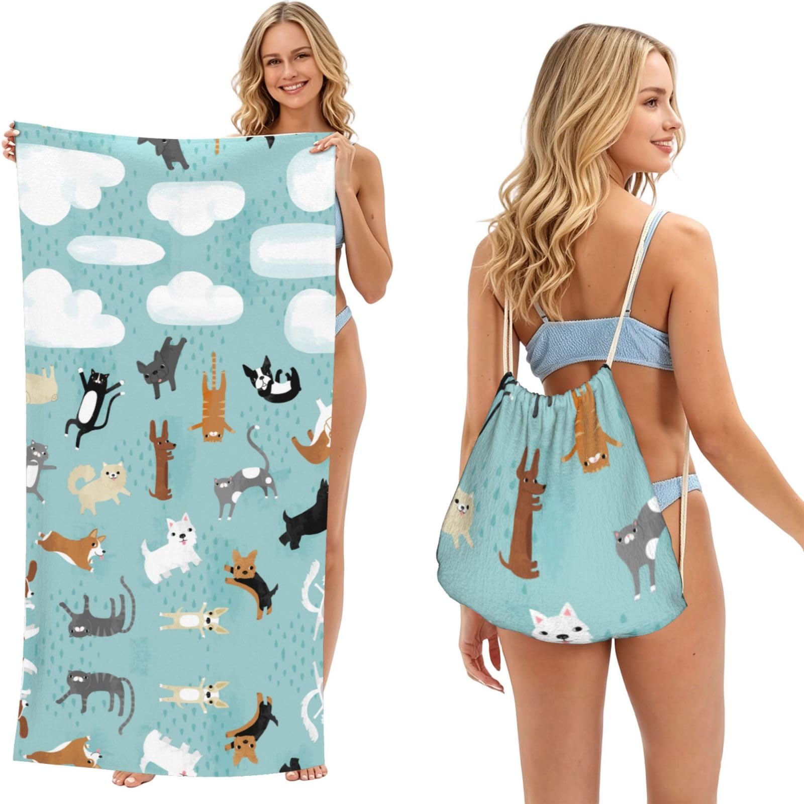 WSHFFILO Raining Cats & Dogs printed 2 in 1 Packable Towel Bag Bath Towel Beach Towel