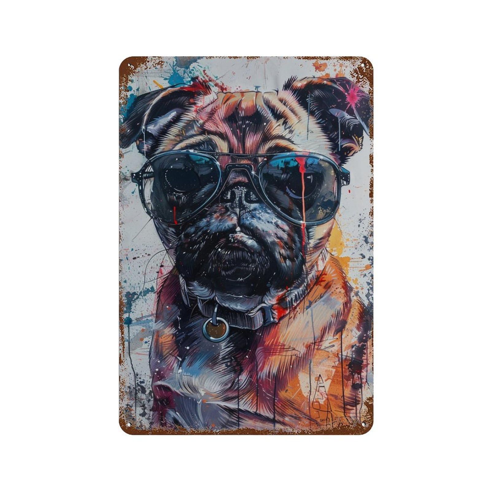 Stylish Pug with Sunglasses Rust Effect Tin Sign 11.8"x7.9", Vintage Wall Decor for Bistro, Counter And Cafe Decor