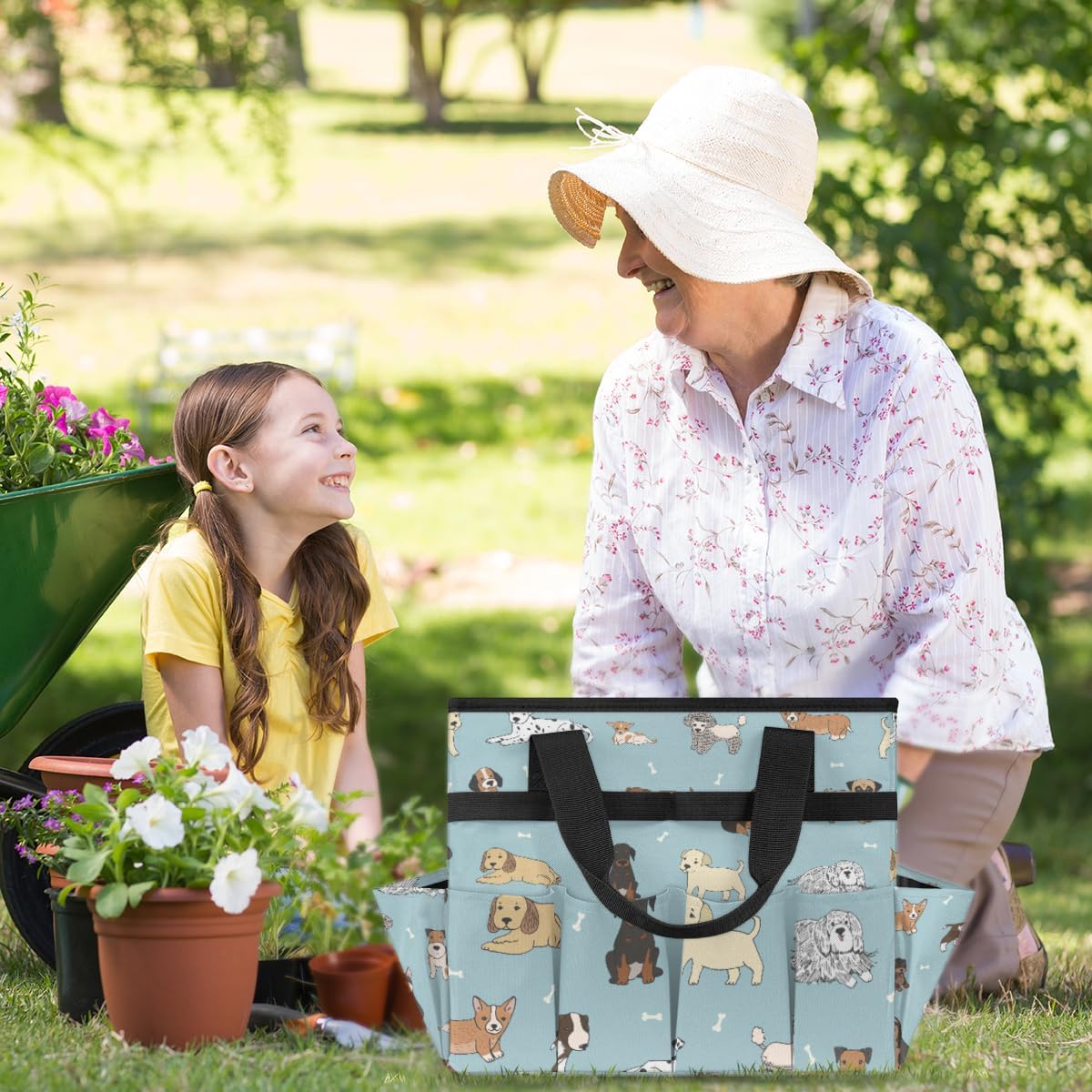 Dogs Prints Garden Tool Bag Waterproof Gardening Tool Storage Bag with Handle & 10 Pockets Gardening Tote Bag for Women Garden Tool Organizer