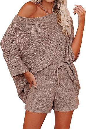 Ermonn Womens 2 Piece Outfits Sweater Sets Off Shoulder Knit Tops Waist Short Suits Casual Pajama Set