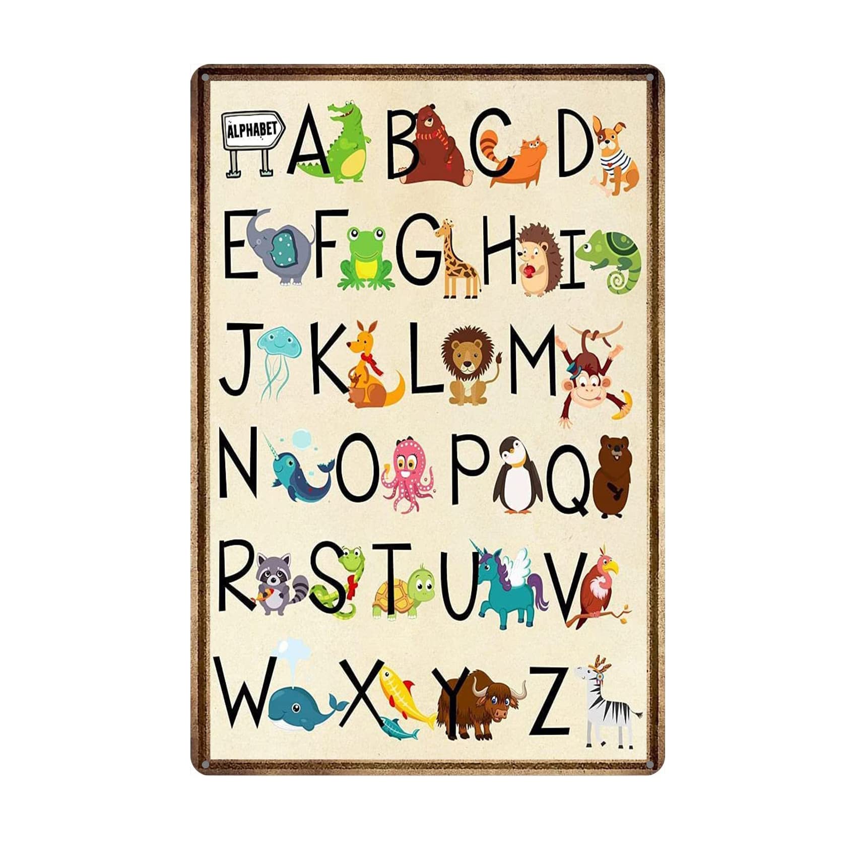 rayprint Alphabet Poster Cute Animals Poster Tin Sign Board Decorative Sign, School Classroom Decor Metal Plaque Decor 8x12 inch