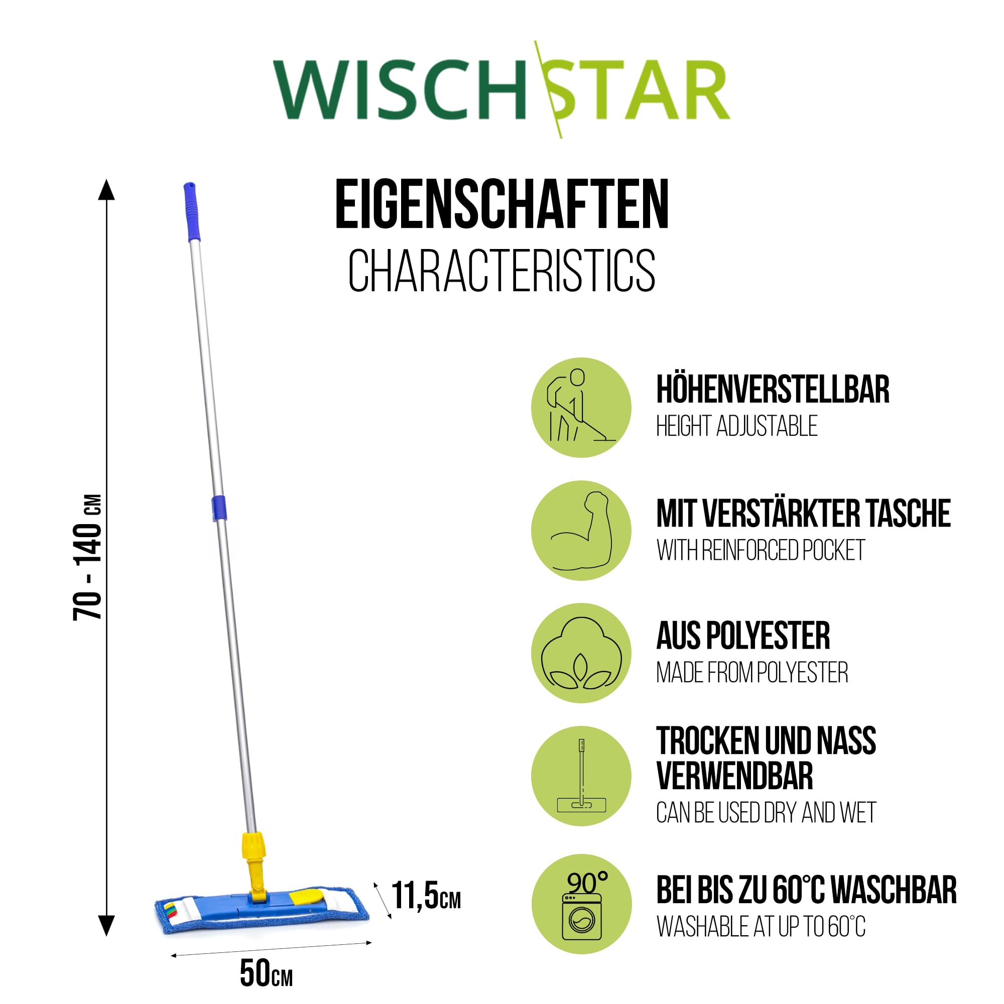 Wisch-Star Wischmopp-Set 50 cm mit verstellbarem Stil 70-140cm | Mit Teleskopstil, Microfaserbezug und Magnetklapphalter, Profi-Qualität für gründliche Reinigung, langlebig & robust