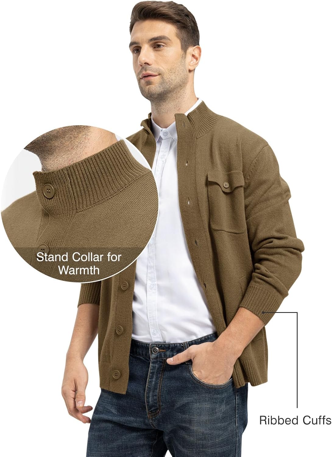 Rdruko Men's Cardigan Sweaters Button up Lightweight Knit Slim Fit Casual Long Sleeve Knitted Stand Collar 4 Pockets