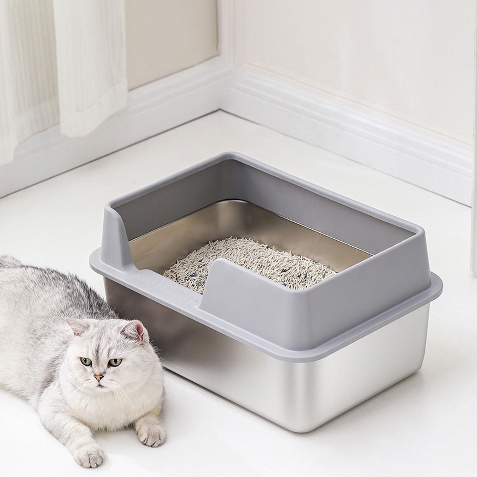Zij-ingang Kattenbak Roestvrijstalen Kattenbak Met Zij-ingang - Gesloten Ontwerp, Anti-verlies, Makkelijk Schoon Te Maken Litter Box
