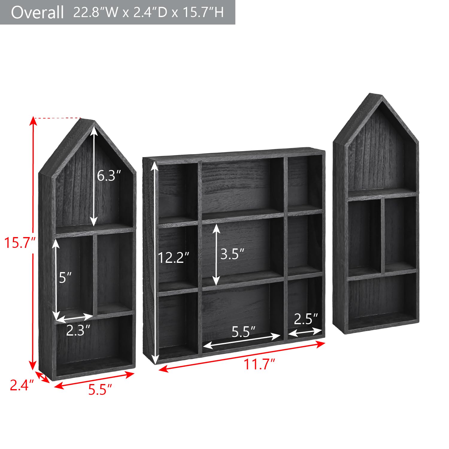 Ikee Design Lot de 3 boîtes de rangement en bois pour objets de collection, mini figurines, 17 compartiments, couleur noire, 57 x 6,1 x 40,9 cm (l x P x H)