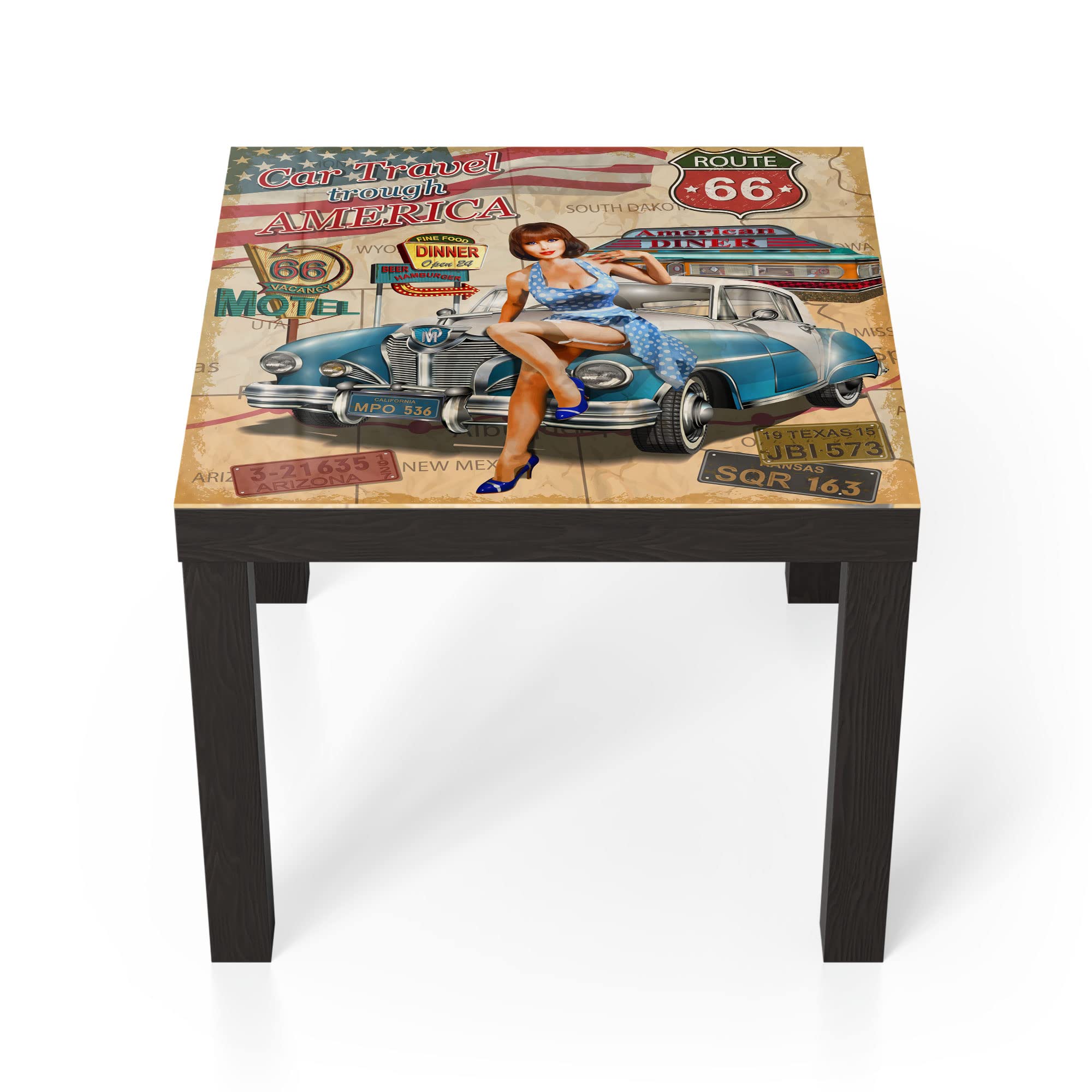 DEQORI Mesa de cristal | negro pequeña 55 x 55 cm | diseño de cartel de la ruta 66 | elegante mesa auxiliar de cristal | mesa de centro brillante para el salón | moderna mesa de sofá con diseño