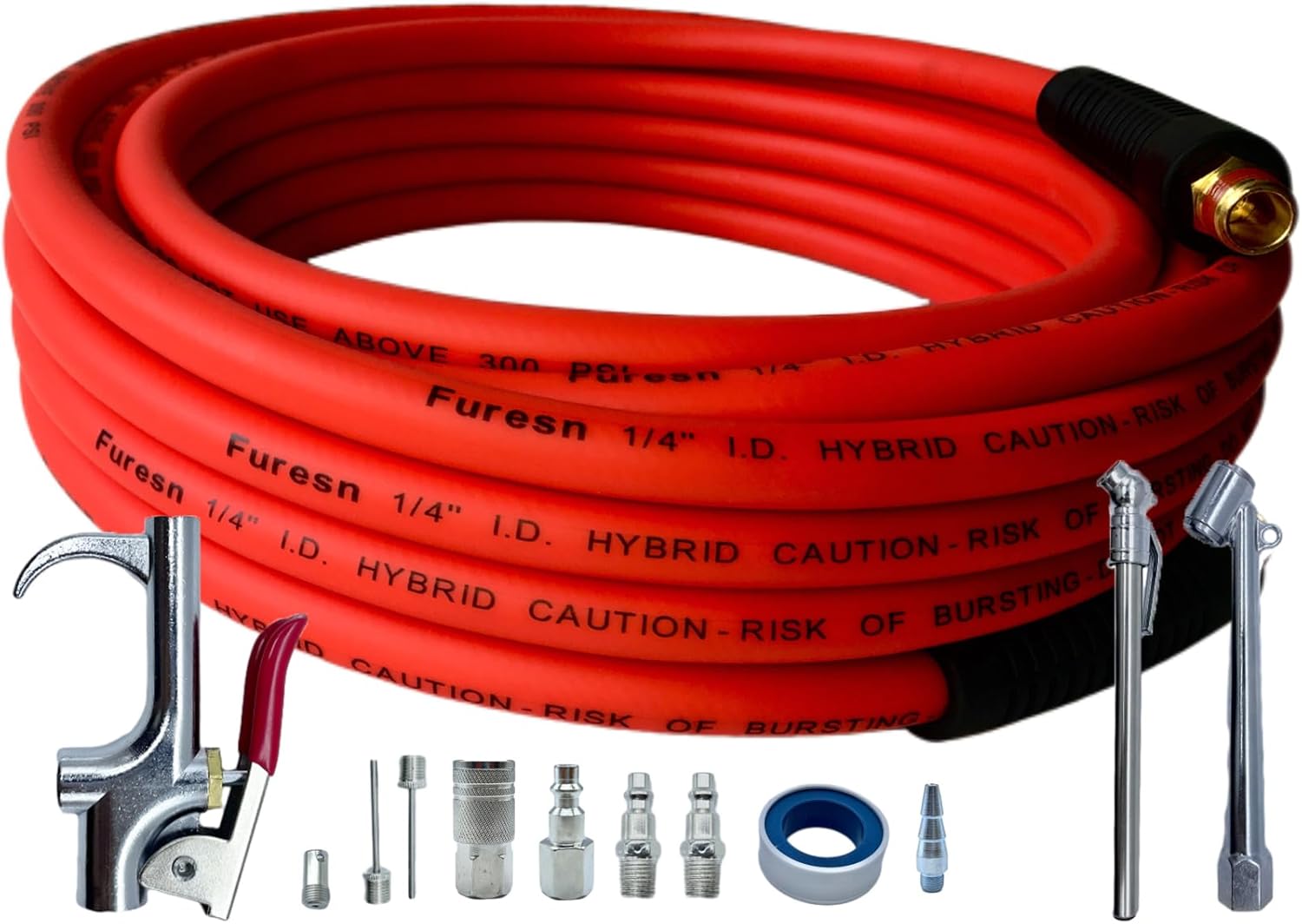 Air Hose 1/4 in x 30 ft, Hybrid Air Compressor Hose Kit with 1/4 in NPT Male Threads, 13 Piece Air Tool & Air Compressor Accessories Kit, Bend Restrictors, 300 PSI (Red, 30FT-13 Pieces)