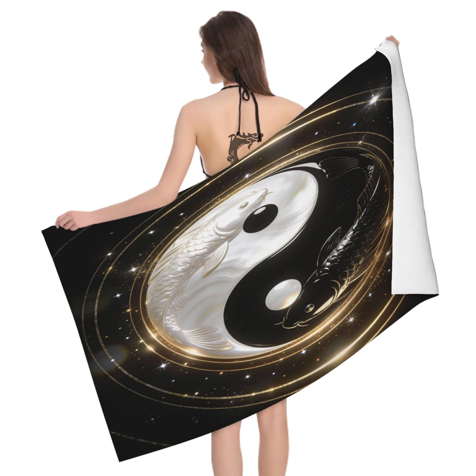 Leichong 3D Yin Yang Beach Towel Large Microfiber Soft Quick Dry for Adults, Koi Carp Bath Towel Lightweight Soft Absorbent for Travel Swimming Pool Sports, 80 x 160 cm