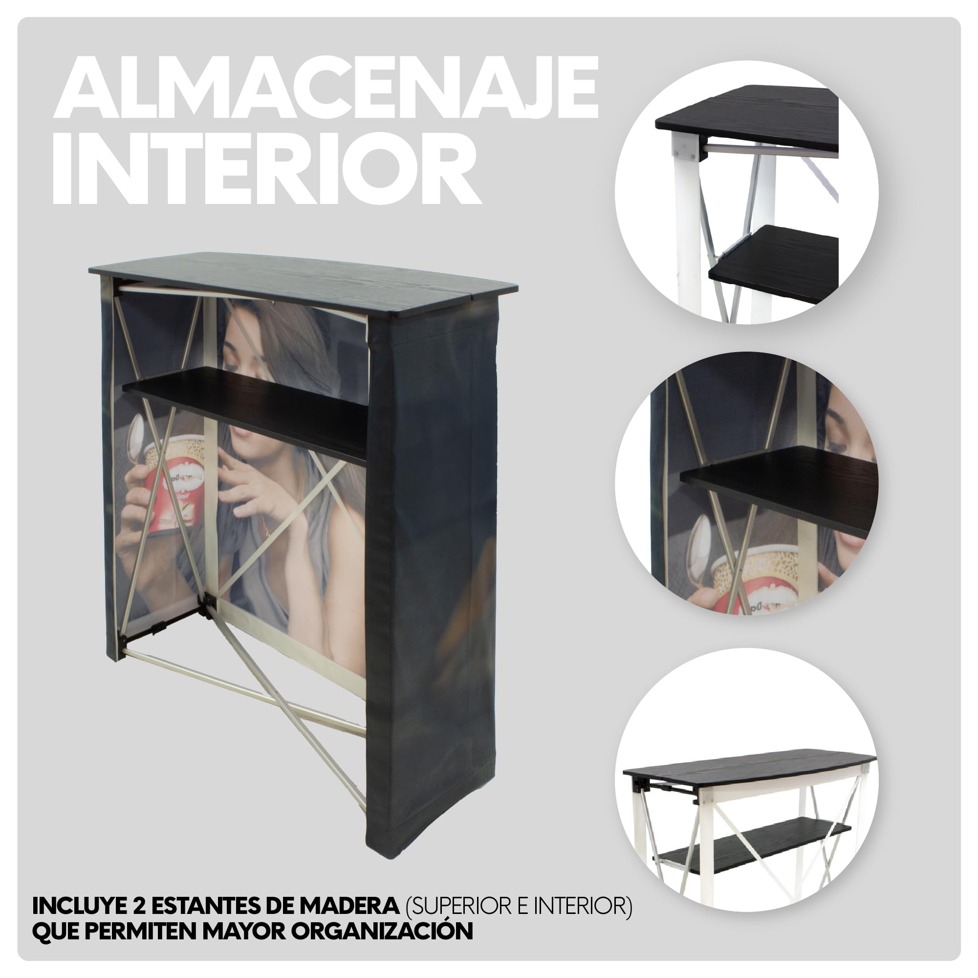 Mostrador de Recepción Publicitario Portátil 960x925x400 mm | Stand Promocional con Estante Interior de Madera y Bolsa de Transporte | Mostrador Publicitario para Ferias y Eventos