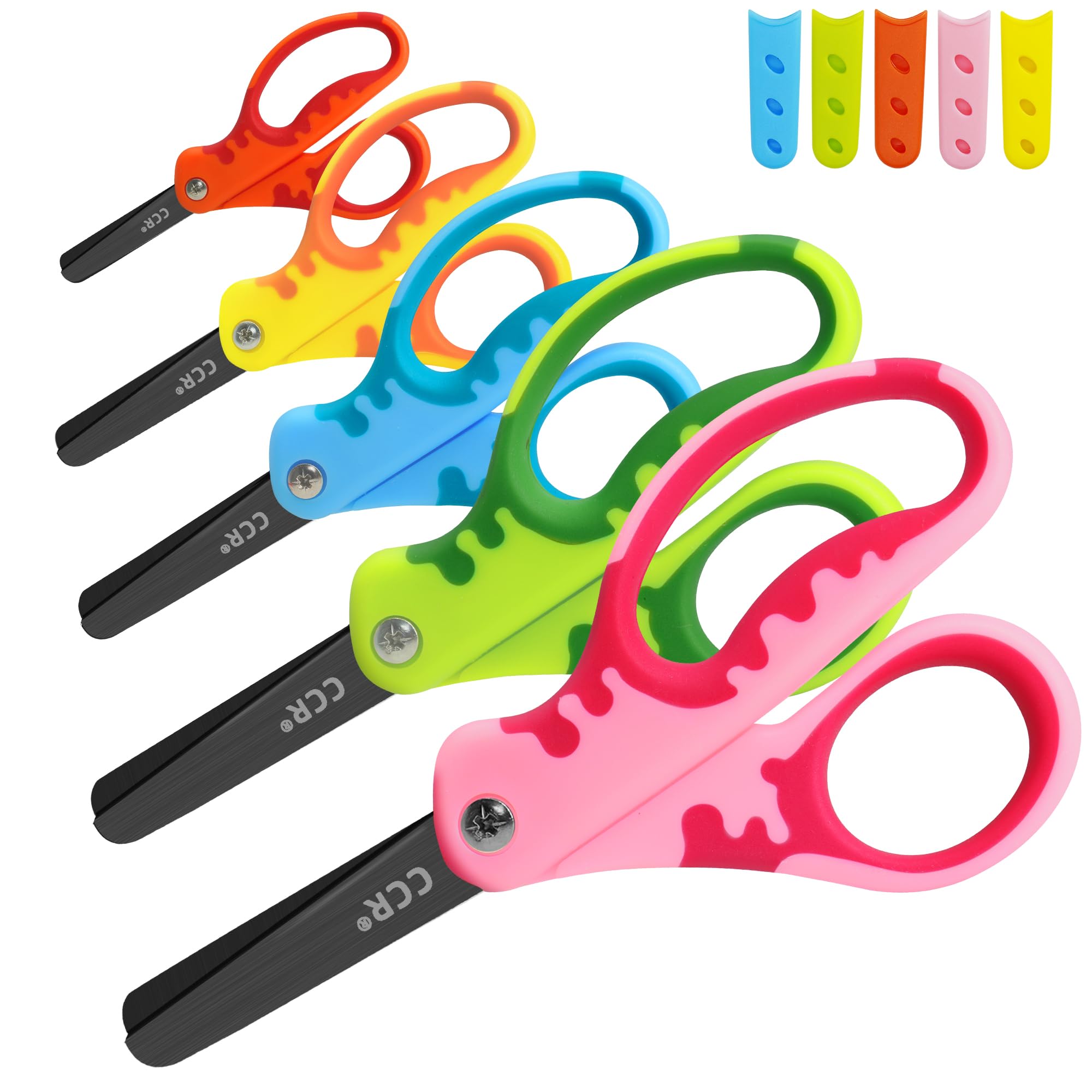 CCR Tijeras Niños, Tijeras de Seguridad Para Niños,13.5cm Tijeras Para Niños Con Recubrimiento Negro y Funda, Tijeras Para Niños de Agarre Suave Para ei Hogar, Escuela, Manualidades, Paquete de 5