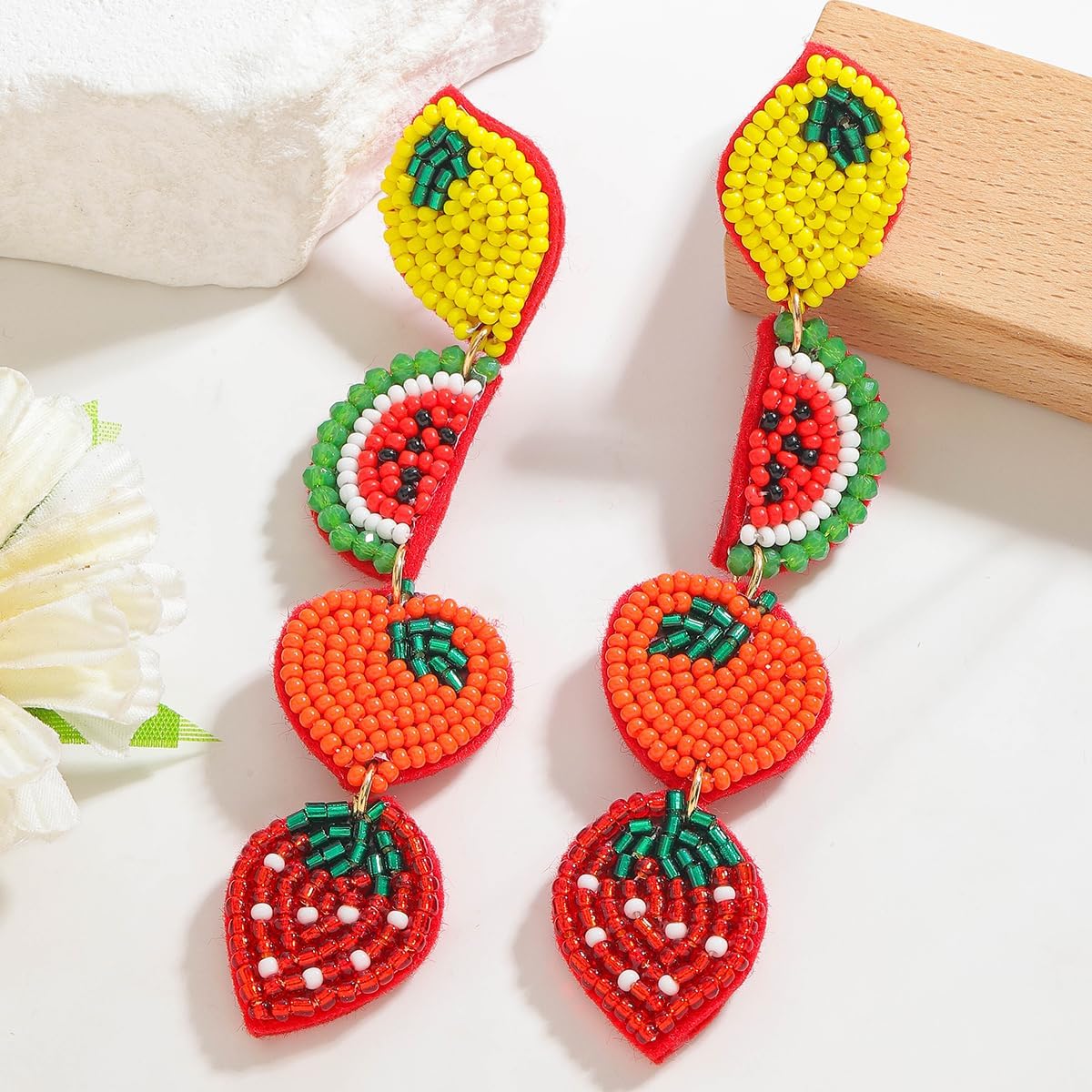Beaded Fruit Long Dangle Earrings for Women, Handemade Beads Lemon Watermelon Orange Strawberry Charms Earring, Lightweight Bohemian Jewelry Gift for Teens Summer Party - Image 2
