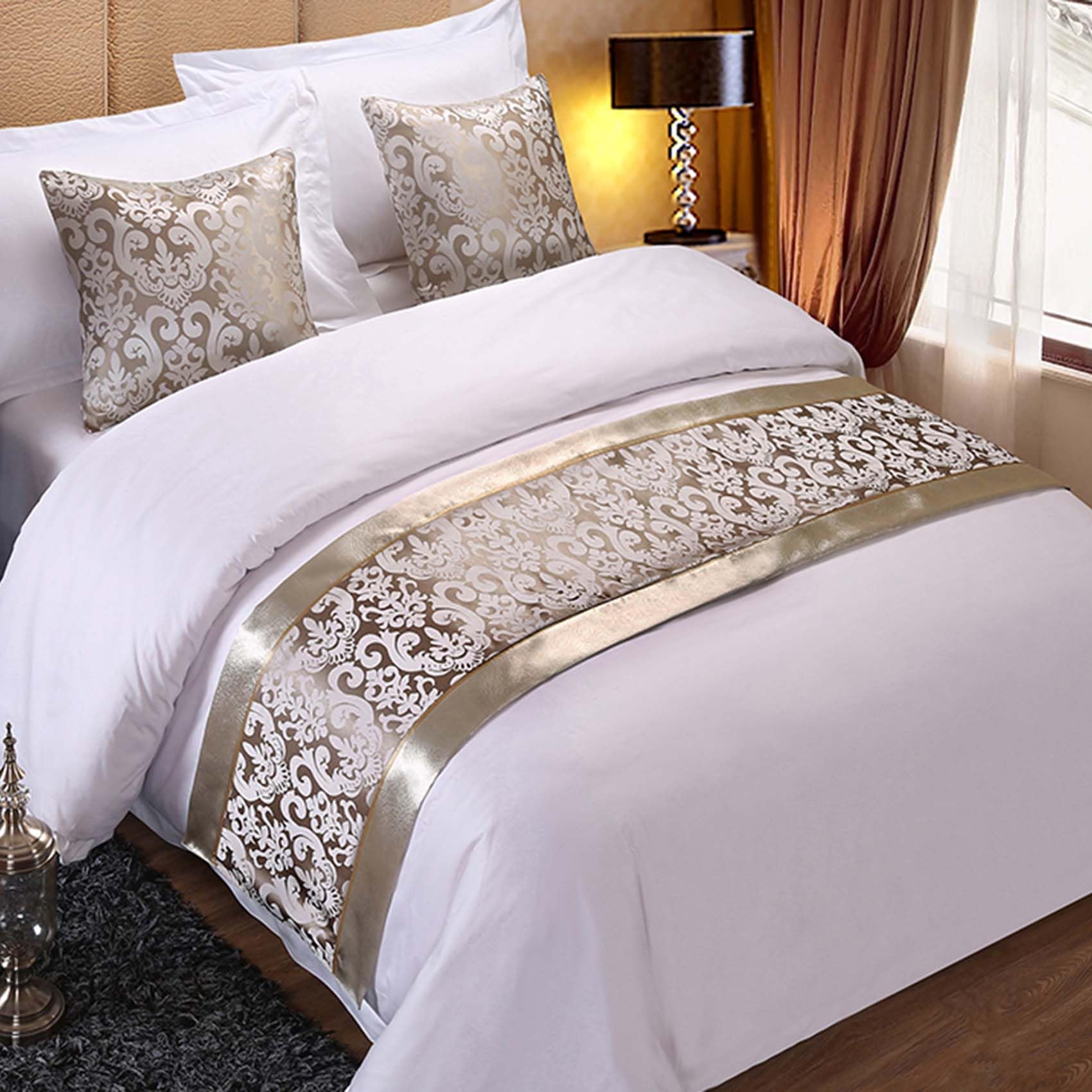 Sxlxyof Silver Champagne Floral Bed Runners Matching Cushion Cover Jacquard Bed Scarf Scarves Nordic Hotel Bed End Towel Home Bedroom Bedspread Bedding Protection Decoration,-50 * 180Cm(1.2M Bed)