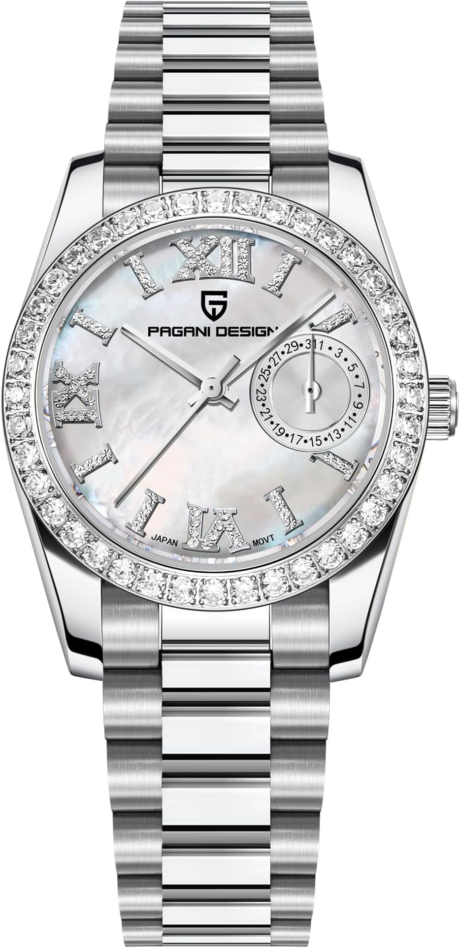 Pagani Design Women's Elegant Quartz Watch Diamonds Series Stainless Steel Strap Japanese Movement Waterproof Light Luxury Wristwatch Date