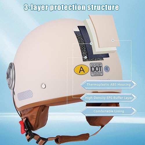 Miniatura 3 de Casco de motocicleta de cara abierta para hombres y mujeres, adulto, estilo retro alemán, 34, casco de motocicleta con certificación FMVSS 218 y